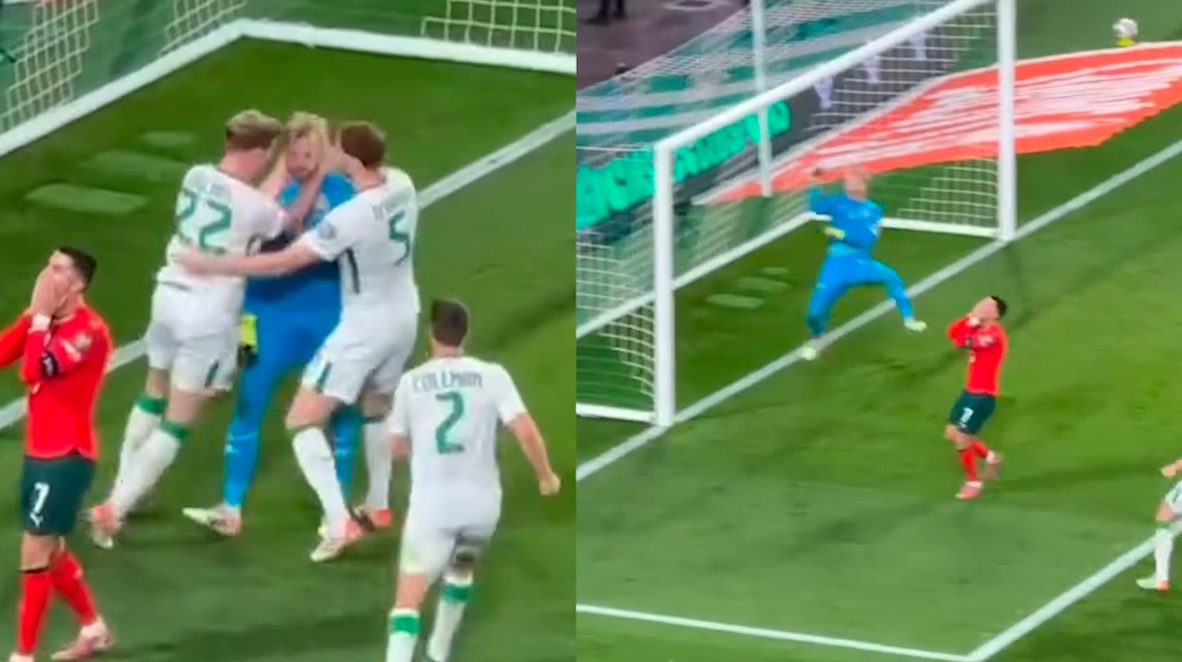 El festejo del portero de Irlanda al detener el penalti de Cristiano