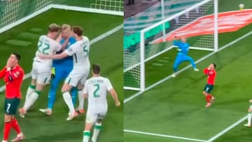 El festejo del arquero de Irlanda al detener el penalti de Cristiano