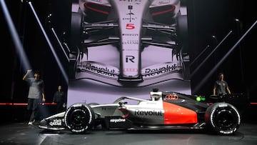 The Audi Revolut F1 car is pictured ahead of its entry into the 2026 Formula One season, on January 20, 2026, in Berlin. (Photo by Tobias SCHWARZ / AFP)