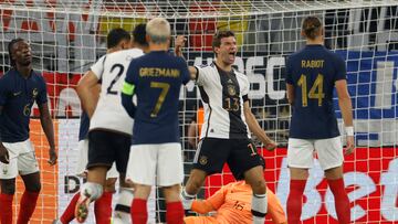 Germany's midfielder #13 Thomas Mueller celebrates scoring his team's first goal during the friendly football match between Germany and France in Dortmund, western Germany, on September 12, 2023. (Photo by Odd ANDERSEN / AFP)