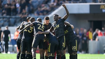 Oct 30, 2022; Los Angeles, California, USA; The Los Angeles FC rally before the start of the second half against the Austin FC of the conference finals for the Audi 2022 MLS Cup Playoffs at Banc of California Stadium. Mandatory Credit: Kelvin Kuo-USA TODAY Sports