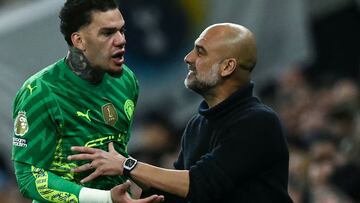 Manchester City's Brazilian goalkeeper #31 Ederson (L) argues with Manchester City's Spanish manager Pep Guardiola following his decision to substitute him during the English Premier League football match between Tottenham Hotspur and Manchester City at the Tottenham Hotspur Stadium in London, on May 14, 2024. (Photo by Ben Stansall / AFP) / RESTRICTED TO EDITORIAL USE. No use with unauthorized audio, video, data, fixture lists, club/league logos or 'live' services. Online in-match use limited to 120 images. An additional 40 images may be used in extra time. No video emulation. Social media in-match use limited to 120 images. An additional 40 images may be used in extra time. No use in betting publications, games or single club/league/player publications. / 