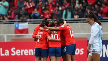 Futbol, Chile vs Colombia.
Fase Final, Copa America Femenina 2018.
La jugadoras de Chile celebran el tercer gol , durante el partido de la tercera fecha fase final Copa America Femenina estadio La Portada.
La Serena, Chile.
22/04/2018
Hernan Contreras/Photosport