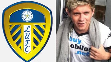 Im&aacute;genes del escudo del Leeds United y del cantante irland&eacute;s y exmiembro de la desaparecida banda One Direction Niall Horan con la camiseta del Derby County.