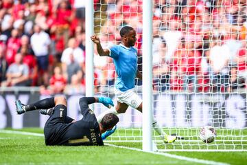 Raheem Sterling fires Man City ahead. Min.13