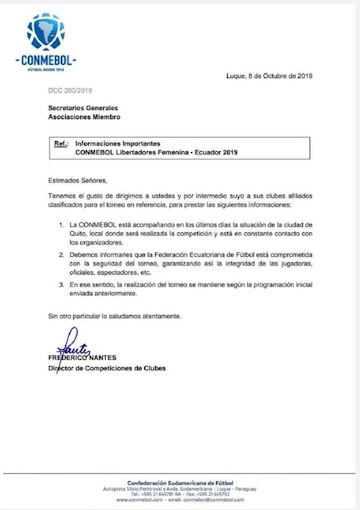 Carta de la Conmebol.