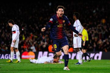Lionel Messi celebra un gol durante un encuentro frente al AC Milan el 12 de marzo de 2013. 
