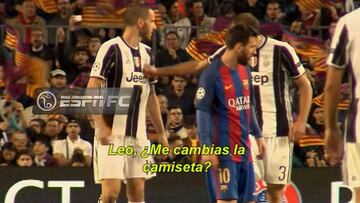 Chiellini reprocha a Bonucci que le pida la camiseta a Messi.