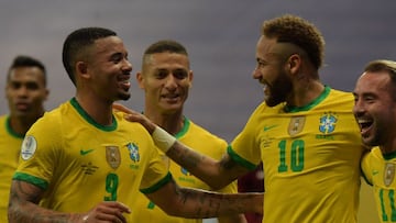 Brazil's Neymar (2nd R) celebrates with teammates (L to R) Gabriel Jesus, Richarlison and Everton Ribeiro after scoring against Venezuela during the Conmebol Copa America 2021 football tournament group phase match at the Mane Garrincha Stadium in Bra