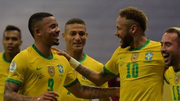 Brazil&#039;s Neymar (2nd R) celebrates with teammates (L to R) Gabriel Jesus, Richarlison and Everton Ribeiro after scoring against Venezuela during the Conmebol Copa America 2021 football tournament group phase match at the Mane Garrincha Stadium in Bra