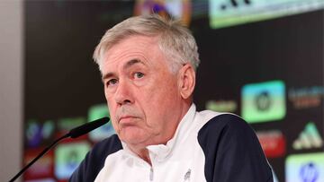 Ancelotti, este viernes ante los medios en Valdebebas.