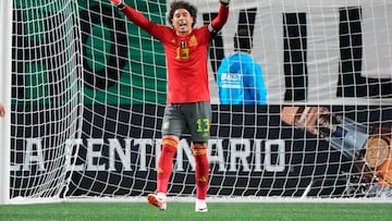 Oct 14, 2023; Charlotte, NC, USA; Mexico goalkeeper Guillermo Ochoa (13) yells instructions to his teammates during the second half against Ghana at Bank of America Stadium. Mandatory Credit: Jim Dedmon-USA TODAY Sports