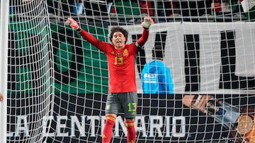 Oct 14, 2023; Charlotte, NC, USA; Mexico goalkeeper Guillermo Ochoa (13) yells instructions to his teammates during the second half against Ghana at Bank of America Stadium. Mandatory Credit: Jim Dedmon-USA TODAY Sports