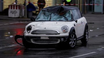 A view shows the car used by a 24-year-old Afghan asylum seeker that drove it into a crowd, in what the Bavarian Premier Markus Soeder said was probably an attack, in Munich, Germany, February 13, 2025. REUTERS/Wolfgang Rattay