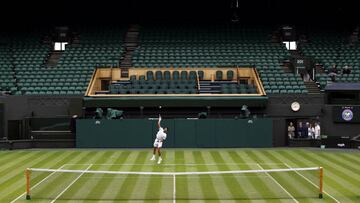 Novak Djokovic practices on centre court ahead of the 2022 Wimbledon Championship at the All England Lawn Tennis and Croquet Club, Wimbledon. Picture date: Thursday June 23, 2022. (Photo by Steven Paston/PA Images via Getty Images)