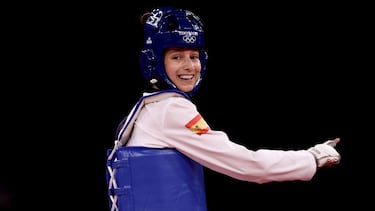 CHIBA, JAPAN - JULY 24: Adriana Cerezo Iglesias of Team Spain celebrates after defeating Tijana Bogdanovic of Team Serbiaduring the Women's -49kg Taekwondo Round of 16 contest on day one of the Tokyo 2020 Olympic Games at Makuhari Messe Hall on July 24, 2