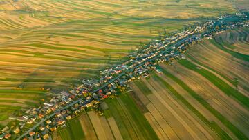 Aerial drone view of Suloszowa village along road in Krakow County. Beautiful countryside landscape of Poland