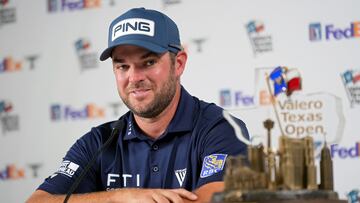 Corey Conners of Canada speaks to the media after winning the Valero Texas Open