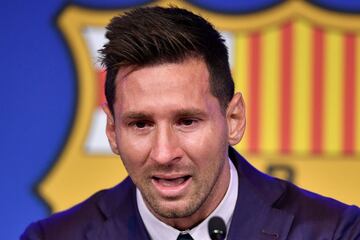 Messi, muy emocionado durante la rueda de prensa.
