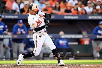 BALTIMORE, MARYLAND - OCTOBER 07: Ramon Urias #29 of the Baltimore Orioles singles during the fifth inning of Game One of the American League Division Series against the Texas Rangers at Oriole Park at Camden Yards on October 07, 2023 in Baltimore, Maryland.   Greg Fiume/Getty Images/AFP (Photo by Greg Fiume / GETTY IMAGES NORTH AMERICA / Getty Images via AFP)