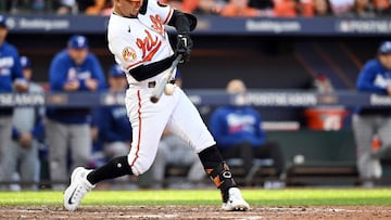 BALTIMORE, MARYLAND - OCTOBER 07: Ramon Urias #29 of the Baltimore Orioles singles during the fifth inning of Game One of the American League Division Series against the Texas Rangers at Oriole Park at Camden Yards on October 07, 2023 in Baltimore, Maryland.   Greg Fiume/Getty Images/AFP (Photo by Greg Fiume / GETTY IMAGES NORTH AMERICA / Getty Images via AFP)