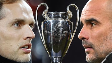 FILE PHOTO (EDITORS NOTE: COMPOSITE OF IMAGES - Image numbers 1071867516, 464313758, 1141519827 - GRADIENT ADDED) In this composite image a comparison has been made between Thomas Tuchel, Manager of Chelsea (L) and Josep Guardiola, Manager of Manchester C