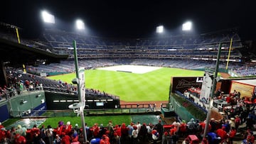 PHILADELPHIA, PA - OCTOBER 31:  A general view of Citizens Bank Park with the tarp on the field prior to Game 3 of the 2022 World Series between the Houston Astros and the Philadelphia Phillies on Monday, October 31, 2022 in Philadelphia, Pennsylvania. (Photo by Mary DeCicco/MLB Photos via Getty Images)