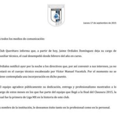 Querétaro hace oficial la salida de Jaime Ordiales