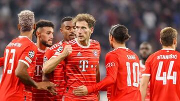 MUNICH, GERMANY - OCTOBER 04: Leroy Sane of Bayern Muenchen celebrates after scoring his team's fourth goal with teammates during the UEFA Champions League group C match between FC Bayern M¨¹nchen and Viktoria Plzen at Allianz Arena on October 4, 2022 in Munich, Germany. (Photo by Roland Krivec/DeFodi Images via Getty Images)