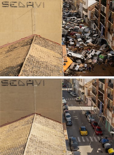 Imagen superior: Los automóviles se apilan en la calle con otros escombros después de las inundaciones en el municipio de Sedavi, cerca de Valencia. Imagen inferior: La misma imagen en Sedavi un año después. 