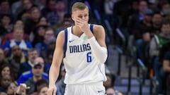 Feb 5, 2020; Dallas, Texas, USA; Dallas Mavericks forward Kristaps Porzingis (6) comes off the court with a bloody and broken nose during the second half against the Memphis Grizzlies at the American Airlines Center. Mandatory Credit: Jerome Miron-USA TODAY Sports