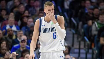 Feb 5, 2020; Dallas, Texas, USA; Dallas Mavericks forward Kristaps Porzingis (6) comes off the court with a bloody and broken nose during the second half against the Memphis Grizzlies at the American Airlines Center. Mandatory Credit: Jerome Miron-USA TODAY Sports