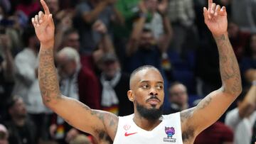 18 September 2022, Berlin: Basketball: European Championship, France - Spain, knockout round, final, Mercedes-Benz Arena, Lorenzo Brown (Spain) cheers about the victory. Photo: Soeren Stache/dpa (Photo by Soeren Stache/picture alliance via Getty Images)