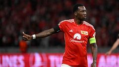 Union Berlin's Surinam forward #27 Sheraldo Becker gestures during the UEFA Champions League Group C football match between 1 FC Union Berlin and Sporting Braga in Berlin on October 3, 2023. (Photo by John MACDOUGALL / AFP)