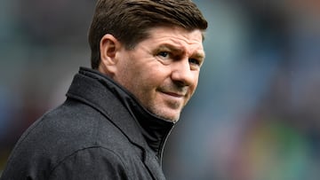 Aston Villa's English head coach Steven Gerrard reacts ahead of the English Premier League football match between Burnley and Aston Villa at Turf Moor in Burnley, north west England on May 7, 2022. (Photo by Oli SCARFF / AFP) / RESTRICTED TO EDITORIAL USE. No use with unauthorized audio, video, data, fixture lists, club/league logos or 'live' services. Online in-match use limited to 120 images. An additional 40 images may be used in extra time. No video emulation. Social media in-match use limited to 120 images. An additional 40 images may be used in extra time. No use in betting publications, games or single club/league/player publications. /