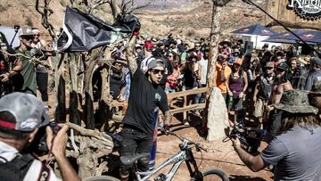 Andreu Lacondeguy celebrates after finishing first at finals during Red Bull Rampage in Virgin, Utah, USA on 29 September 2014. // Christian Pondella/Red Bull Content Pool // 1412045984778-2113149467 // Usage for editorial use only //