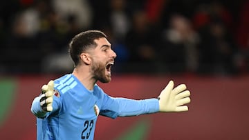 Algeria's goalkeeper #23 Luca Zidane gestures during the Africa Cup of Nations (CAN) Group E football match between Algeria and Burkino Faso at Moulay Hassan Stadium in Rabat on December 28, 2025. (Photo by Paul ELLIS / AFP)
