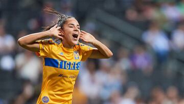   Maricarmen Reyes celebrates her goal 1-1 of Tigres during the game Monterrey vs Tigres UANL, corresponding "Clasico Regio" to Round 11 of the Torneo Clausura 2023 of the BBVA MX Womens League, at BBVA Bancomer Stadium, on March 25, 2023.

<br><br>

Maricarmen Reyes celebra su gol 1-1 de Tigres durante el partido Monterrey vs Tigres UANL, Correspondiente a "Clasico Regio" de la Jornada 11 del Torneo Clausura 2023 de la Liga BBVA MX Femenil, en el Estadio BBVA Bancomer, el 25 de Marzo de 2023