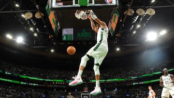 BOSTON, MA - MAY 1: Giannis Antetokounmpo #34 of the Milwaukee Bucks dunks the ball during the game against the Boston Celtics during Game One of the 2022 NBA Playoffs Eastern Conference Semifinals on May 1, 2022 at the TD Garden in Boston, Massachusetts.