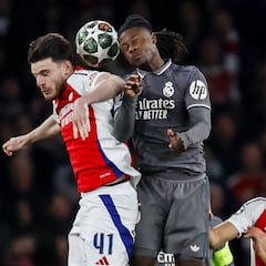 Camavinga disputes an air ball with Declan Rice.