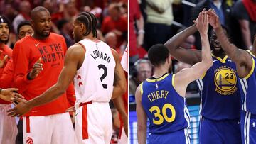 Serge Ibaka y Kawhi Leonard, estrellas de Toronto Raptors; y Stephen Curry y Draymond Green, de Golden State Warriors