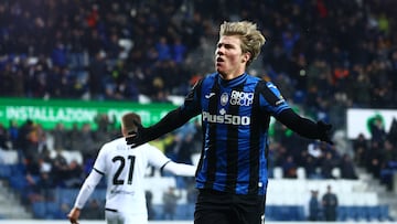 Bergamo (Italy), 19/01/2023.- Atalanta's Rasmus Hojlund celebrates after goal 4-2 during the Coppa Italia round of 16 soccer match between Atalanta BC and AC Spezia at the Gewiss Stadium in Bergamo, Italy, 19 January 2023. (Italia) EFE/EPA/PAOLO MAGNI