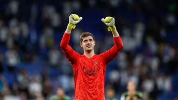 01 Thibaut Courtois of Real Madrid celebration, celebrates, victory goal, during the La Liga match between RCD Espanyol and Real Madrid at RCD Stadium in Cornella, Barcelona, Spain, on August 28th, 2022. (Photo by Xavier Bonilla/NurPhoto via Getty Images)