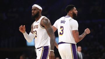 LOS ANGELES, CALIFORNIA - OCTOBER 16: LeBron James #23 and Anthony Davis #3 of the Los Angeles Lakers look on during the second half of a game against the Golden State Warriors at Staples Center on October 16, 2019 in Los Angeles, California. Sean M. Haffey/Getty Images/AFP
== FOR NEWSPAPERS, INTERNET, TELCOS & TELEVISION USE ONLY ==