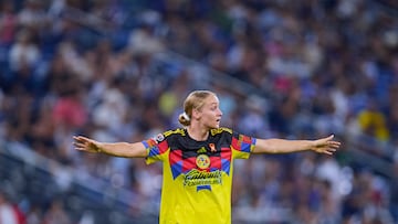 Sarah Luebbert of America during the Quarter-final first leg match between Monterrey and America as part of the Liga BBVA MX Femenil, Torneo Apertura 2025 at BBVA Bancomer Stadium, on November 06, 2025 in Monterrey, Nuevo Leon, Mexico.