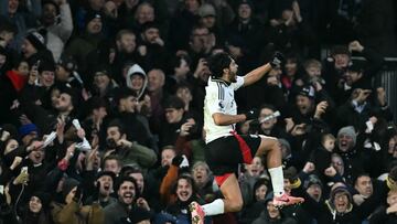 Fulham's Mexican striker #07 Raul Jimenez celebrates scoring the team's first goal during the English Premier League football match between Fulham and Bournemouth at Craven Cottage in London on December 29, 2024. (Photo by JUSTIN TALLIS / AFP) / RESTRICTED TO EDITORIAL USE. No use with unauthorized audio, video, data, fixture lists, club/league logos or 'live' services. Online in-match use limited to 120 images. An additional 40 images may be used in extra time. No video emulation. Social media in-match use limited to 120 images. An additional 40 images may be used in extra time. No use in betting publications, games or single club/league/player publications. /