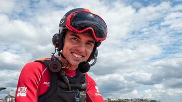 Jordi Xammar, driver of Spain SailGP Team, at the wheel during a practice session ahead of the Great Britain Sail Grand Prix | Plymouth in Plymouth, England. 28th July 2022. Photo: Ricardo Pinto for SailGP. Handout image supplied by SailGP