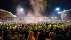 Nottingham Forest fans celebrate on the pitch after they reach the play off final during the Sky Bet Championship play-off semi-final, second leg match at the City Ground, Nottingham. Picture date: Tuesday May 17, 2022. (Photo by Zac Goodwin/PA Images via Getty Images)