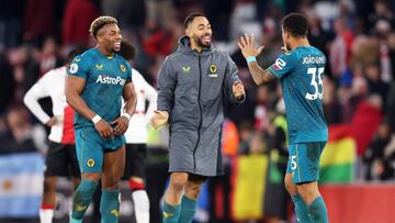 SOUTHAMPTON, ENGLAND - FEBRUARY 11: Joao Gomes (R) celebrates victory with Matheus Cunha of Wolverhampton Wanderers during the Premier League match between Southampton FC and Wolverhampton Wanderers at Friends Provident St. Mary's Stadium on February 11, 2023 in Southampton, England. (Photo by Jack Thomas - WWFC/Wolves via Getty Images)