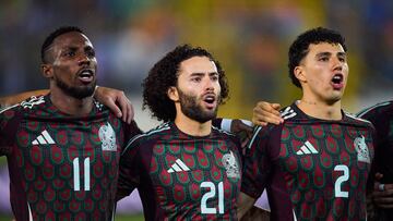 Julian Quinones, Cesar Huerta, Jorge Sanchez of Mexico during the Quarterfinals first leg match between Honduras and Mexican National Team (Mexico) as part of the Concacaf Nations League 2024-2025 at Francisco Morazan Stadium on November 15, 2024 in San Pedro Sula, Honduras.
